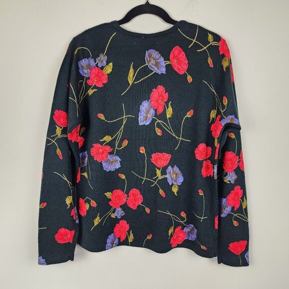 Patchington Floral Sweater Black Soft Acrylic Knit Pullover Top Crew Neck Size M - Picture 4 of 13